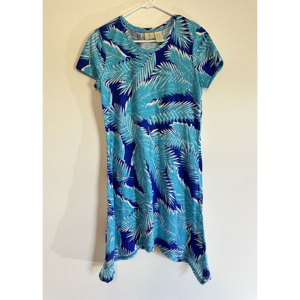 Carribean Joe Dress Blue Cotton Stretch Lightweight Coastal Palm Trees Petite M